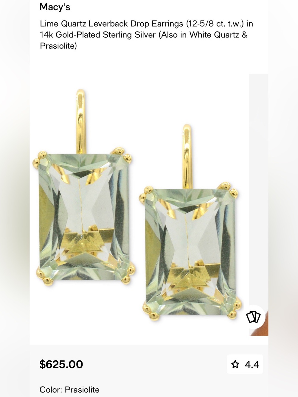 Gold Prasiolite Rectangular Drop Earrings - Light Green